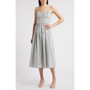 Charles Henry Check Tiered Scoop Neck Midi Dress Size M Ivory Black Seersucker